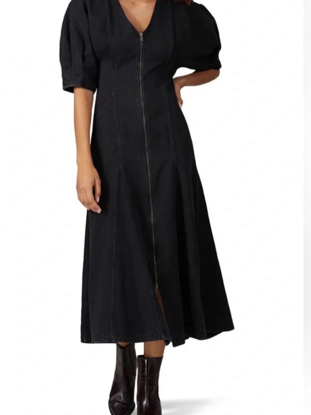 ❤️ Mara Hoffman Sophie $550 RRP Denim DressZip-Front Midi with Puff Sleeves